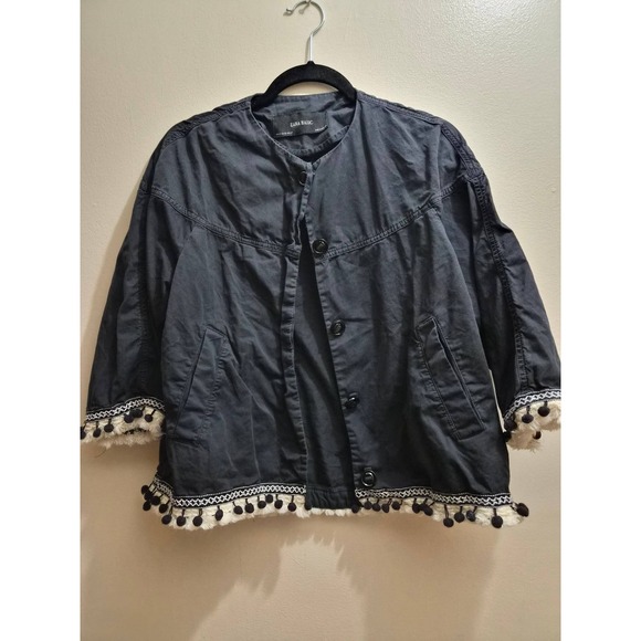 Zara Jackets & Blazers - Zara Basic Navy Blue Pom Pom Fringe Jacket XS Boho Embroidered Cotton Coat